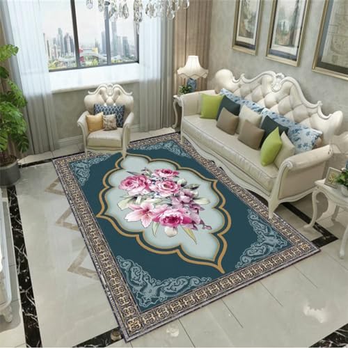 WBDYMX Spiele Teppich 100x150CM Esszimmer Deko Schallschutz Teppich Rosa Blauer Teppich für Mädchenschlafzimmer Blumenmuster Wohnzimmer Anti-Milben-Teppich von WBDYMX