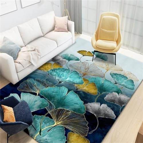 WBDYMX Teppich Für Schlafzimmer120x180CM Teppich Esstisch Kinderzimmer Teppiche Leicht zu reinigender Teppich mit Ginkgoblattmuster Blau von WBDYMX