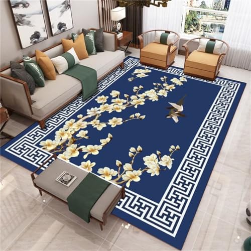WBDYMX Teppich Schlafzimmer100x150CM The Carpet Teppich Kinderteppich Jungen Klassischer orientalischer Wohnzimmerteppich mit Blumen- und Vogelmuster Blau von WBDYMX