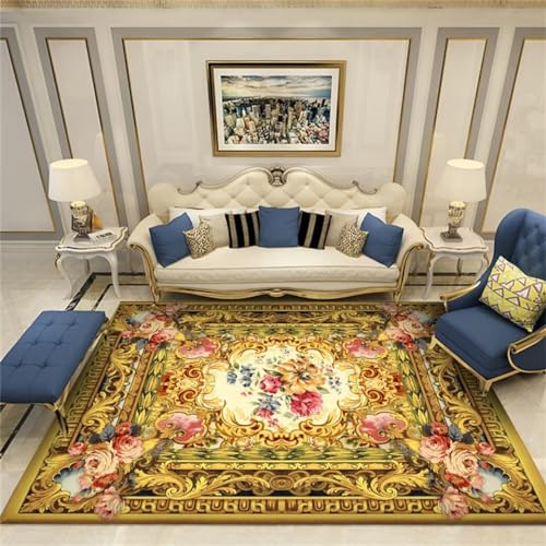 WBDYMX Wohnzimmerteppich Waschbare Teppiche 80x160CM Kleiner Teppich Babyzimmer Teppich Gelb Maschinenwaschbarer Luxus-Wohnzimmerteppich mit Blumenmuster von WBDYMX