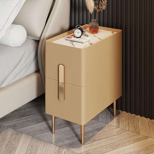 WBLING Moderner minimalistischer, schlanker Nachttisch mit 2 Schubladen und Metallbeinen, Nachttisch aus PU-Leder, für enge Räume im Schlafzimmer, Khaki, 35 x 40 x 50 cm von WBLING