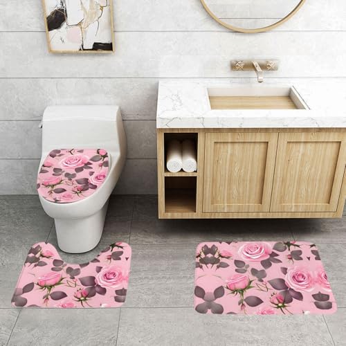 WBQLSL Pretty Pink Roses saugfähige Bodenmatte - 3-teiliges Set - Badezimmer Anti-Rutsch-Matte Schlafzimmer Türmatte Küchenmatte von WBQLSL