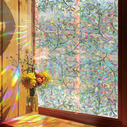 WBQMUNY BQ0179A Sichtschutzfolie für Fenster, Regenbogenfarben, grüne Blätter, Buntglas-Fensteraufkleber, statisch haftend, entfernbar, nicht klebend, UV-Blockierung, 43,2 x 100,1 cm (BL001) von WBQMUNY