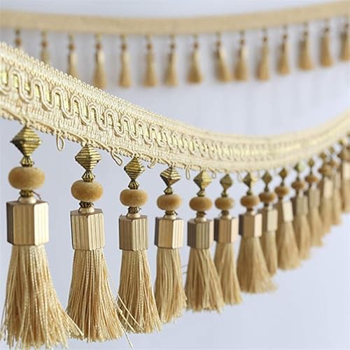 WBTAJZHY Fransenbesatz, geflochtene Hängeperlen, 2 Meter Quastenfransenbesatz for DIY-Vorhang-Tischdekoration, Stoffbandbesatz(Apricot) von WBTAJZHY