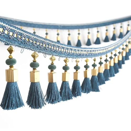 WBTAJZHY Fransenbesatz, geflochtene Hängeperlen, 2 Meter Quastenfransenbesatz for DIY-Vorhang-Tischdekoration, Stoffbandbesatz(Light Blue) von WBTAJZHY