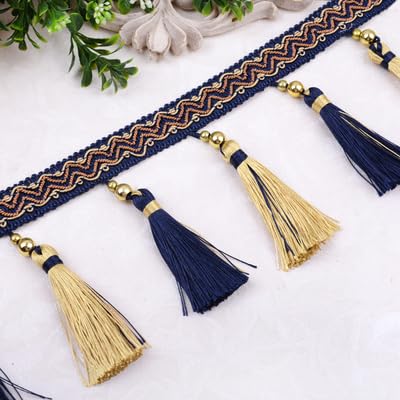 WBTAJZHY Fransenbesatz, geflochtene hängende Perlen, 12 Yards DIY Vorhang-Nähbesatz, Zopfquaste, Fransenstoff, Bandbesatz(Navy Blue) von WBTAJZHY