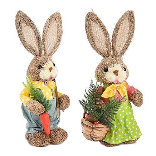 WBTY 2-teilige Osterhasen-Statue, Mini-Stroh-Kaninchen-Paar-Figur für Niedliches Handgewebtes Tier-Festgeschenk für den Frühling, Garten, Zuhause, Tischdekoration (2PCS) von WBTY