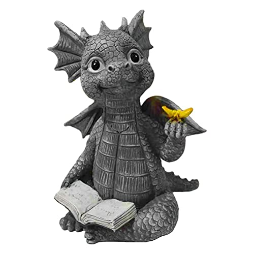 WBTY Drachen-Statue, Baby-Drachen-Lesebuch-Statue, Dinosaurier, der Schmetterlings-Figuren Hält, Kunstharz-Skulptur Garten-Dekoration Im Freien, Schreibtisch-Ornament(grau) von WBTY