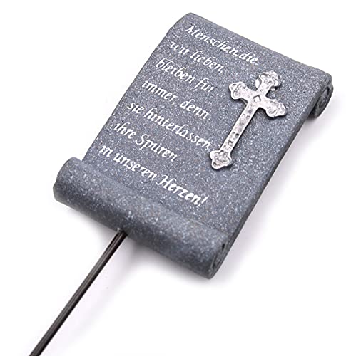 WBWT Grab-Schmuck, Menschen die wir lieben bleiben für Immer - Kreuz, 33cm hoch Gedenk-Rolle Trauer Grab-Stecker, grau weiß Silber Stein von WBWT
