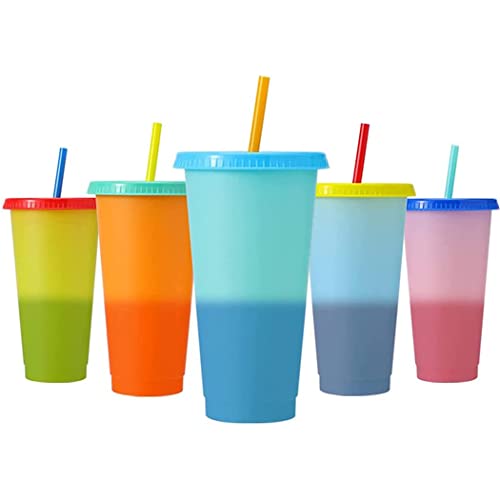 5 Stück Becher Tasse Mit Strohhalm, Plastikbecher Mehrweg mit Und Deckel, Getränkebecher Trinkbecher mit, Farbwechsel Becher, Trinkbecher, Travel Mug, Kaffeebecher, Für Kinder, Erwachsene von WBYNB