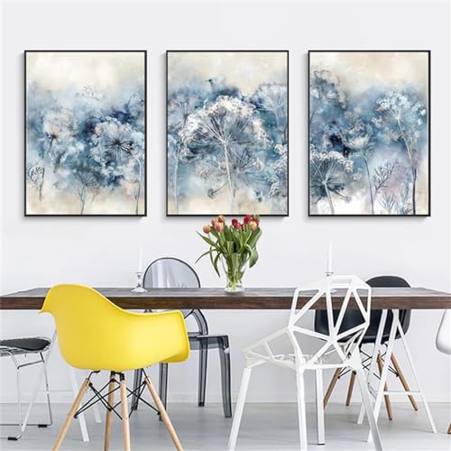 Kunstdrucke-3 Bilder Set-Abstrakte Blaue Blumen Leinwand Innen Gemälde Moderne Nordisch Ästhetische Wand Kunst Poster Bilder Büro Wohnzimmer Dekoration-50 * 60cm(ohne Rahmen) von WBYZAC