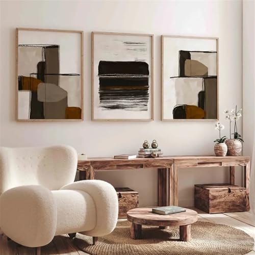 Kunstdrucke-3 Bilder Set-Abstrakte Erdige Neutrale Töne Pinsel Mid Century Moderne Poster Wand Kunst Leinwand Malerei Druck Bilder Kunstwerk für Wohnzimmer Büro Zimmer Dekor-60 * 80cm(ohne Rahmen) von WBYZAC