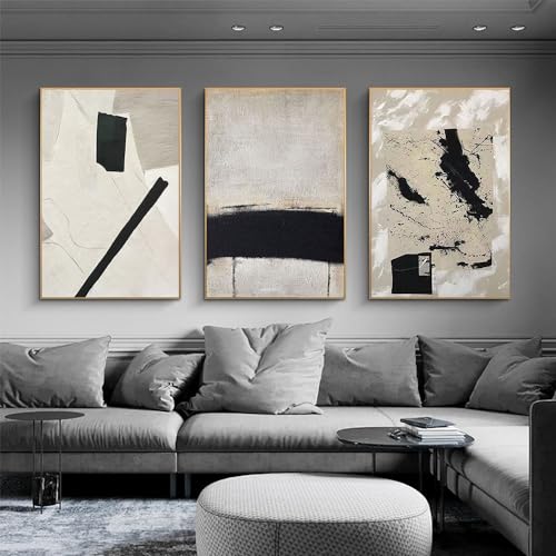 Kunstdrucke-3 Bilder Set-Minimalistisches Abstraktes Beige Schwarz Grau Plakat Druck Wandkunst Bild Leinwand Malerei Modernes Wandbild Startseite Kitchen Büro Leben Dekor-60*80cm(ohne Rahmen) von WBYZAC