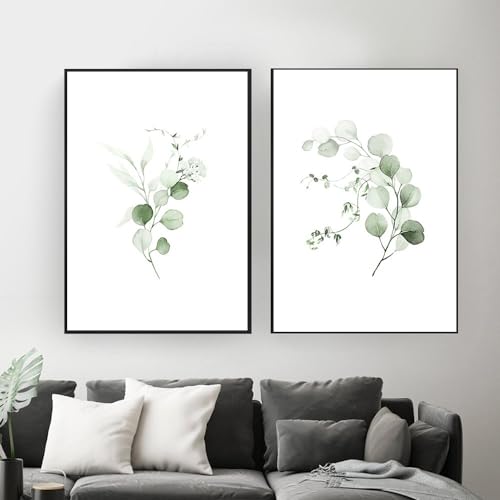 Leinwand Wandkunst,2 Bilder Set-Abstrakte Grüne Pflanze Blätter Poster Druck Wand Kunst Leinwand Malerei Botanische Eukalyptus Bild Wohnzimmer Büro Wohnkultur Dekoration-60*80cm/(24*27 Zoll)ungerahmt von WBYZAC