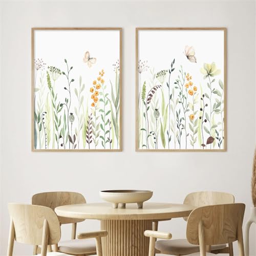 Leinwand Wandkunst,2 Bilder Set-Boho Abstrakte Aquarell Blätter Blumen Grün Pflanzen Poster Wand Kunst Leinwand Malerei Druck Bild Moderne Wohnzimmer Küche Wohnkultur-50*70cm/(20*27 Zoll)ungerahmt von WBYZAC