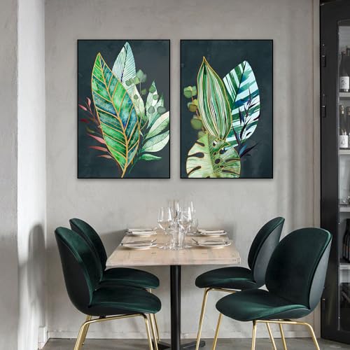 Leinwand Wandkunst,2 Bilder Set-Grünes Blattkunst-Wandgemälde Nordische Pflanzen Leinwandmalerei Poster und Drucke Bilder Café Wohnzimmer Zuhause Küche Büro Dekoration-50*70cm/(20*27 Zoll)ungerahmt von WBYZAC