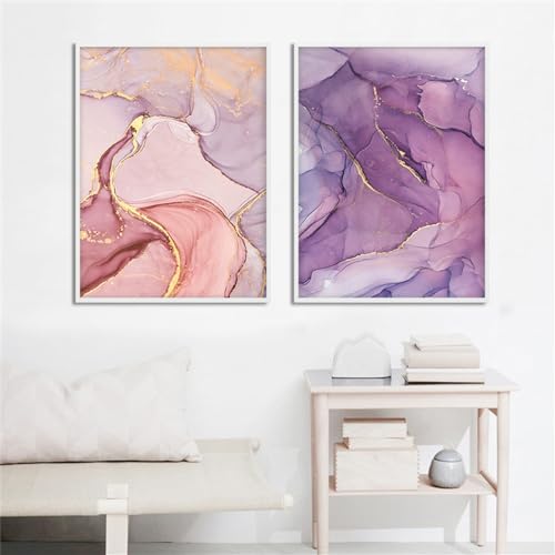 Leinwand Wandkunst,2 Bilder Set-Rosa Lila Goldene Marmor Wand Poster Abstrakte Blume Leinwand Druck Malerei Bild Moderne Büro Schlafzimmer Startseite Zimmer Dekoration-50*70cm/(20*27 Zoll)ungerahmt von WBYZAC
