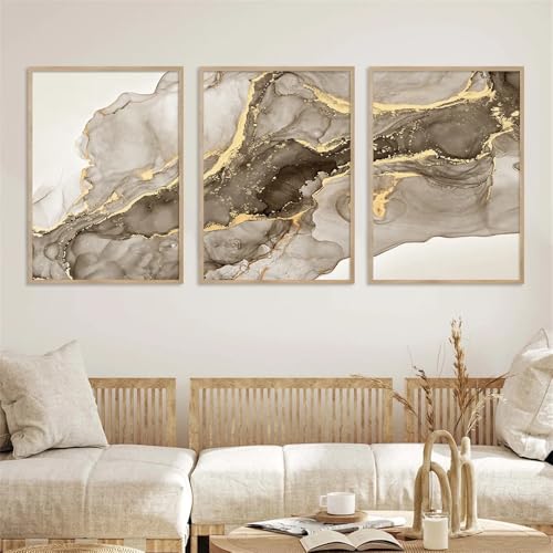 Leinwand Wandkunst-Set von 3-Abstrakte Marmor Gold Beige Grau Moderne Poster Wand Kunst Leinwand Malerei Drucke Bilder Wohnzimmer Innen Büro Hause Dekoration-40 * 60cm(ohne Rahmen) von WBYZAC