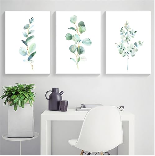 Leinwand Wandkunst-Set von 3-Abstrakter Aquarelldruck Blumenblatt Botanisches Grün Blätter Kunst Leinwand Malerei Grün Wild Poster Küche Büro Zuhause Wand Kunst Dekor-50 * 60cm(ohne Rahmen) von WBYZAC