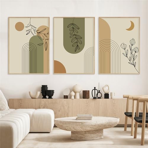 Leinwand Wandkunst-Set von 3-Grün Beige Blätter Poster Abstrakte Geometrische Boho Wand Kunst Mid Century Leinwand Malerei Drucke Bild Wohnzimmer Küche Zimmer Innen Dekor-40 * 60cm(ohne Rahmen) von WBYZAC