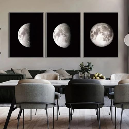 Leinwand Wandkunst-Set von 3-Moderne Himmlische Veränderungen Leinwand Malerei Abstrakte Mond Muster Schwarz und Weiß Raum Planet Poster Drucke Startseite Büro Wand Dekor-40 * 60cm(ohne Rahmen) von WBYZAC