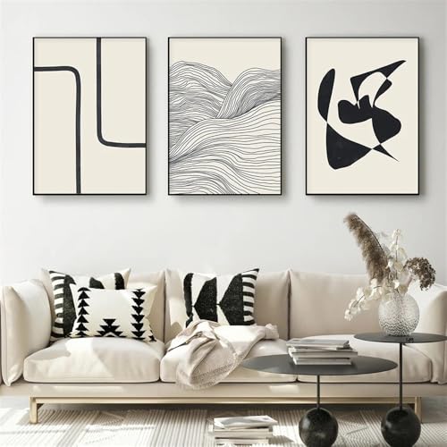 Leinwanddrucke-3 Stück-Boho Schwarz Beige Linie Abstrakte Poster Neutral Wand Kunst Leinwand Malerei Bilder Kunstwerk für Wohnzimmer Büro Zimmer Innen Dekor-30 * 50cm(ohne Rahmen) von WBYZAC