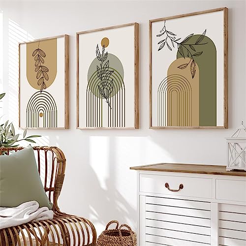 Set von 3-Boho Abstrakte Geometrische Grüne Blätter Linie Poster Wand Kunst Leinwand Malerei Drucke Bilder Moderne Wohnzimmer Schlafzimmer Küche Dekor-40 * 60cm/16x24Zoll (ungerahmt) von WBYZAC