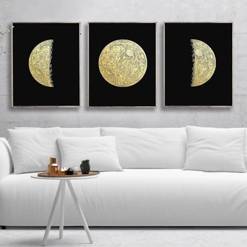 WBYZAC Kunstdrucke-3 Bilder Set-Minimalistische Abstrakte Mondphasen Nordische Poster Schwarzgold Leinwandgemälde und Drucke Moderne Wandkunst Bilder Wohnzimmer Büro Dekor-50 * 60cm(ohne Rahmen) von WBYZAC