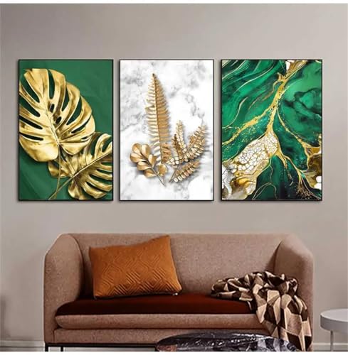 WBYZAC Leinwand Wandkunst-Set von 3-Abstrakte Goldene Blätter Monstera Wandkunst Leinwand Malerei Grün Marmor Textur Goldfolie Kunstwerk Poster Drucke für Wohnzimmer Wohnkultur-40 * 60cm(ohne Rahmen) von WBYZAC