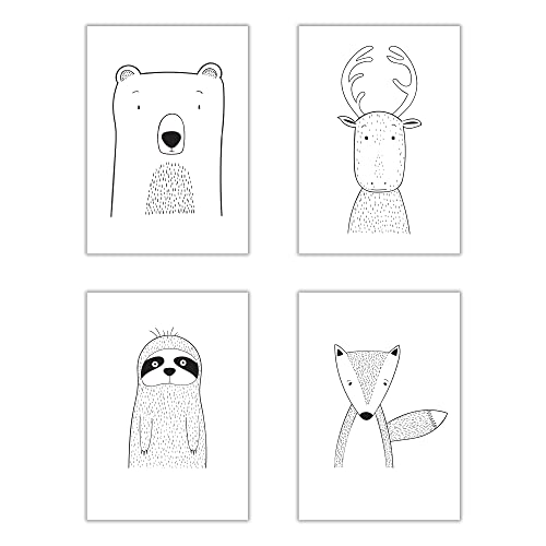 WBdesignz Kinderzimmer Poster Babyzimmer Bilder 4er Set Niedliche Tiere Faultier Rentier Bär Fuchs (DIN A4, ohne Rahmen) von WBdesignz