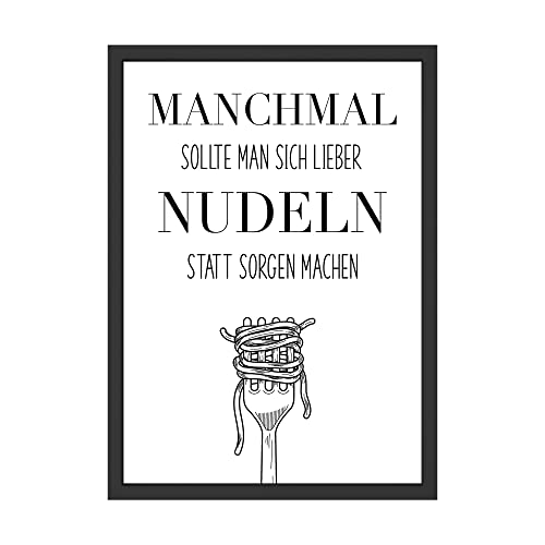 Wandbild „Manchmal sollte man sich lieber Nudeln statt Sorgen machen“ – humorvoller Küchenspruch – Poster mit Nudelgabel Illustration – Typografie-Dekor für Küche & Esszimmer – DIN A4 (ohne Rahmen) von WBdesignz