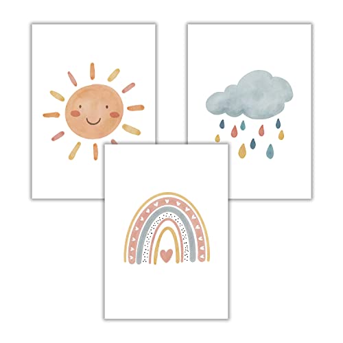 WBdesignz Poster Kinderzimmer Bilder Deko Babyzimmer 3er Set Boho Regenbogen Sonne Wolke Für Kinder von WBdesignz