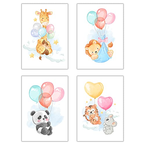 Poster Kinderzimmer Bilder Deko Babyzimmer 4er Set Zoo Tiere Löwe Tiger Giraffe Panda Koala Für Kinder von WBdesignz