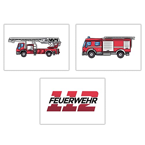 WBdesignz Poster Kinderzimmer Junge Bilder Babyzimmer Jungenzimmer 3er Set Feuerwehr Löschfahrzeug Feuerwehrmann (DIN A4, ohne Rahmen) von WBdesignz