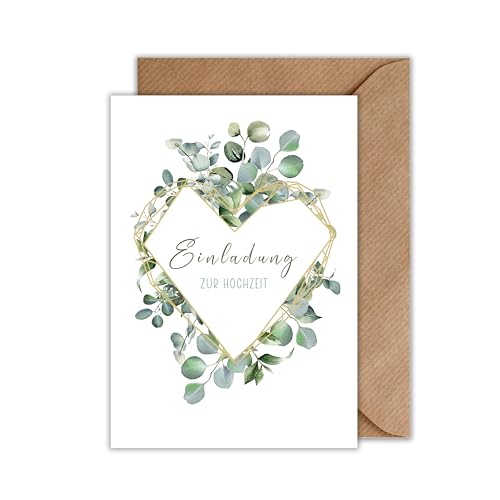 WBdesignz 10x Einladung Hochzeit mit Umschlag - Eukalyptus Karte Hochzeit - Einladungskarte Herz Blätter Hochzeit Geometric Greenery (DIN A6) von WBdesignz