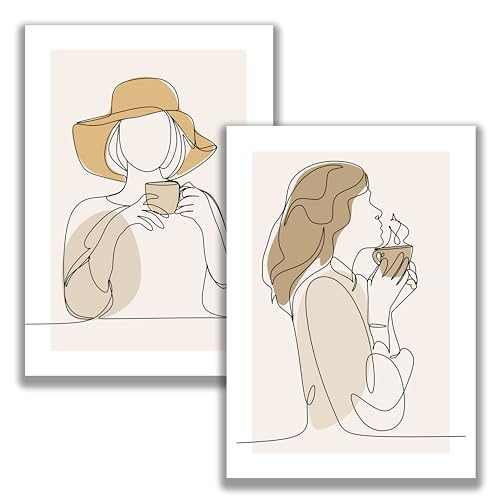 WBdesignz 2er Lineart Boho Poster Set - Wandkunst für Wohnzimmer, Küche Frauensillhouette Genuss Ruhe Heißgetränk Kaffee Tee Farbflächen Deko Bilderset (30 x 40 cm, ohne Rahmen) von WBdesignz