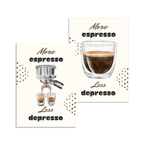 WBdesignz 2er Poster Set - Wandbilder für Küche Kaffeeliebhaber More Espresso, Less depresso Siebträger Ermutigungsgeschenk Einrichtung Renovierung Deko Kunstdruck (30 x 40 cm, ohne Rahmen) von WBdesignz