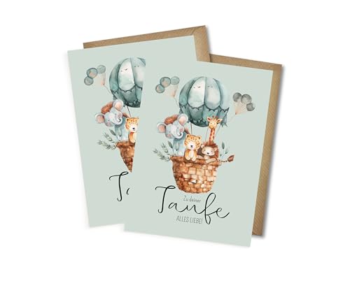 WBdesignz 2er-Set Taufkarten - Glückwunschkarten zur Taufe mit niedlichen Tieren im Heißluftballon - Faltkarten zur Taufe für Jungen und Mädchen inkl. Umschlag (DIN A6) (2er-Set) von WBdesignz