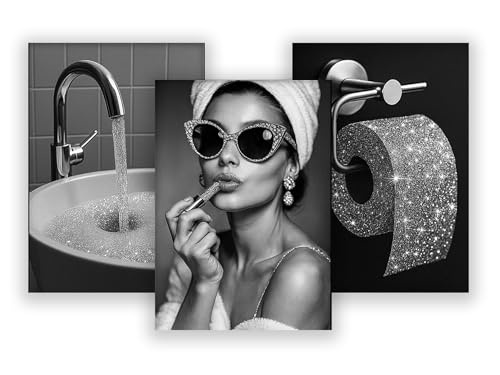 WBdesignz 3er Poster-Set – Glamour Badezimmer Deko – Schwarz-Weiß Glitzer-Design mit Lippenstift, Wasserhahn & Toilettenpapier – Moderne Wanddeko für Bad, Schminkbereich oder Gäste-WC (DIN A4) – ohne von WBdesignz