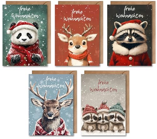 WBdesignz 5er Set Weihnachten Karte mit Umschlag - Frohe Weihnachten Weihnachtskartenset Panda Waschbär Rudolf Schnee Christmas Heiligabend Adventszeit Weihnachtsgruß (DIN A6) von WBdesignz