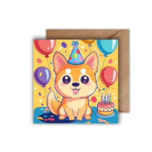 WBdesignz Bunte Geburtstagskarte mit Umschlag - Shiba Inu Geburtstag Karte für Kinder Freunde Famile Glückwunschkarte zum Geburtstag (Quadratisch) von WBdesignz