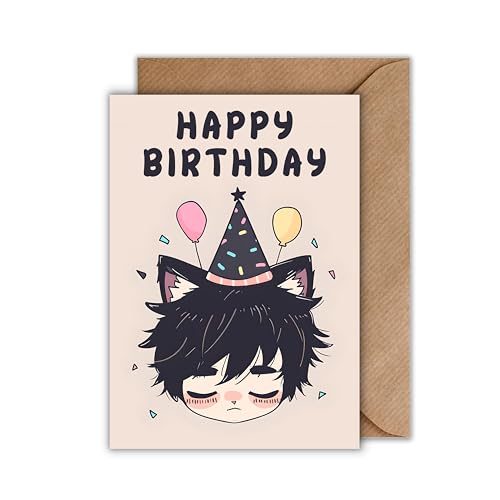 WBdesignz Geburtstag Karte mit Umschlag - Anime neko boi Happy Birthday Animestil Geburtstagskarte (Quadratisch) von WBdesignz