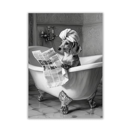 WBdesignz Lustiges Hunde-Poster – Dackel liest Zeitung in der Badewanne – Humorvolle Wanddeko in Schwarz-Weiß für Badezimmer, Gäste-WC oder Spa (DIN A4) – ohne Rahmen von WBdesignz