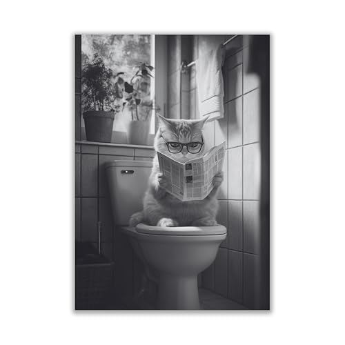 WBdesignz Lustiges Katzen-Poster – Katze liest Zeitung auf Toilette – Humorvolles Wandbild in Schwarz-Weiß für Badezimmer, Gäste-WC oder Flur – Katzenmotiv mit Brille & Zeitung (DIN A4) – ohne Rahmen von WBdesignz