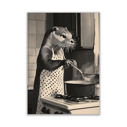 WBdesignz Lustiges Otter-Poster – Otter in Schürze kocht mit Löffel – Humorvolle Schwarz-Weiß Wanddeko für Küche, Esszimmer oder Café (DIN A4) – ohne Rahmen von WBdesignz