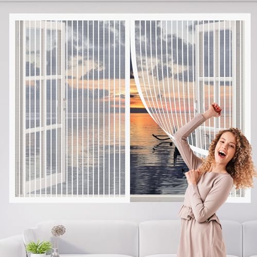 Fliegengitter Fenster Magnetband 220 x 110 cm Insektenschutz Doppelseitiger Fliegenvorhang Ohne Bohren Klebemontage für Alle Arten von Fenstern, Weiß von WCHENHUI