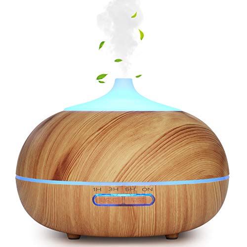 WD&CD Aroma Diffuser Luftbefeuchter 300ml Leichte Holzmaserung, Ultraschall Vernebler Duftlampe Öle Diffusor mit 7 Farben LED Wasserlose Abschaltautomatik für Schlafzimmer, Büro, Yoga, Spa von WD&CD