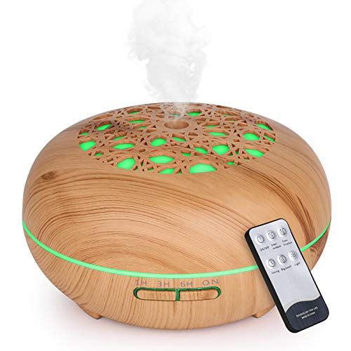WD&CD Aroma Diffuser Luftbefeuchter 550ml mit Fernbedienung, Ultraschall Vernebler Duftlampe Öle Diffusor mit 7 Farben LED Wasserlose Abschaltautomatik - Leichte Holzmaserung von WD&CD