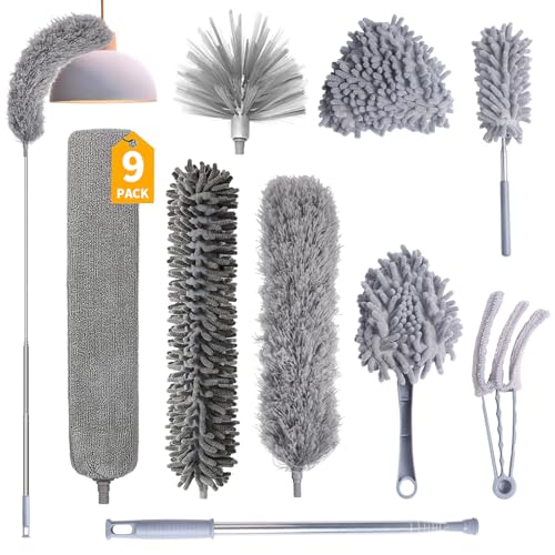 Staubwedel Teleskop 9 Teiliges Set, WDAFLG Biegbarer Staubwischer, bis zu 250 cm, Spinnenbesen Abnehmbar und Austauschbar, Waschbarer Lamellenreiniger, Leichtes Abstauben und Spinnweben Entfernen von WDAFLG
