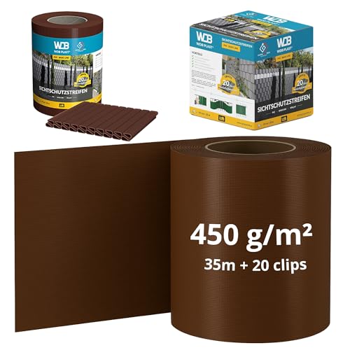 WDB - Sichtschutzstreifen für Doppelstabmatten Sichtschutz Zaun - 19 cm x 35 m + 20 Stück Befestigungsclips - PVC Windschutz Basic Line - Braun - RAL 8011 von WDB